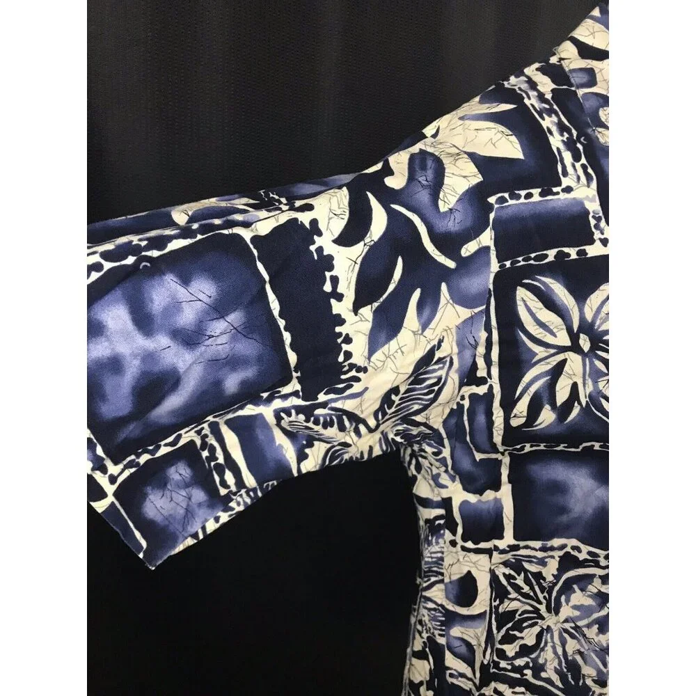 Cintas Hawaiian Aloha Shirt Mens Medium Tapa Print Navy White Luau